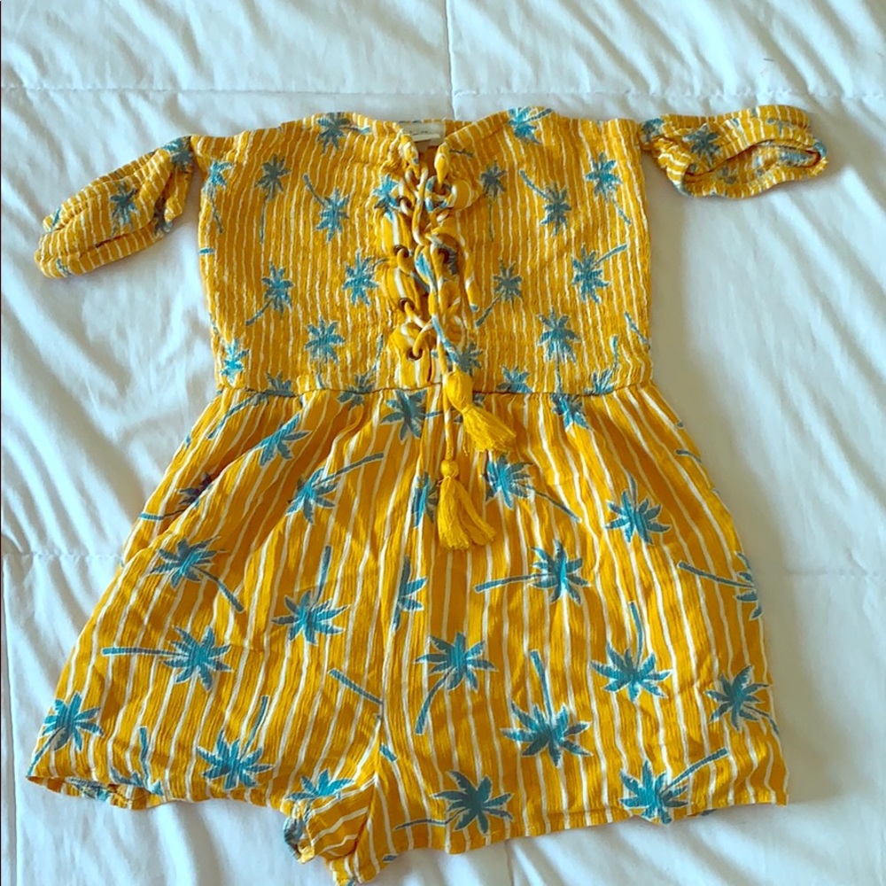 Yellow striped palm tree romper from forever 21